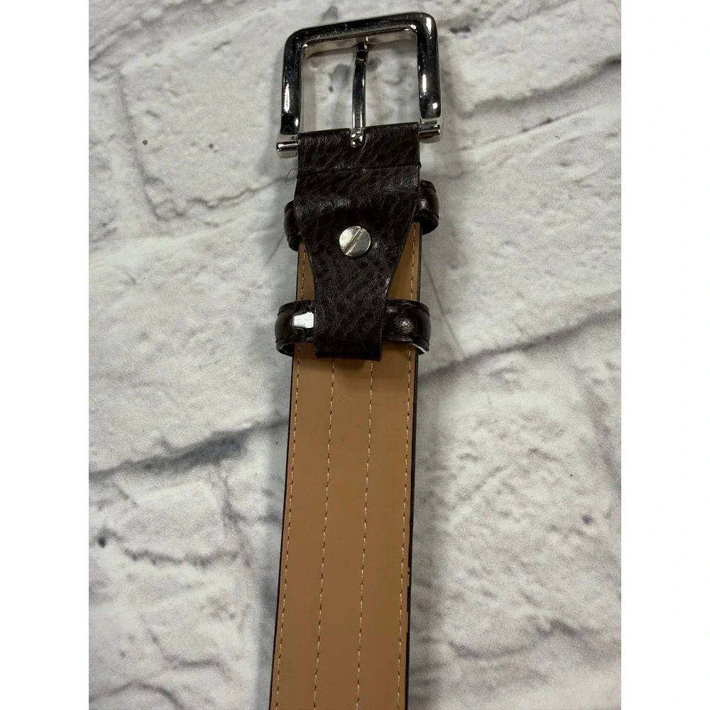 Arefio Valentino Belt Mens 44 Brown Excellent Genuine Leather Silver Buckle 0111